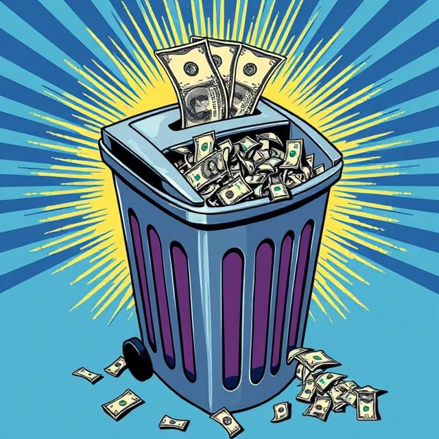Money going into a trashcan via a paper shredder.